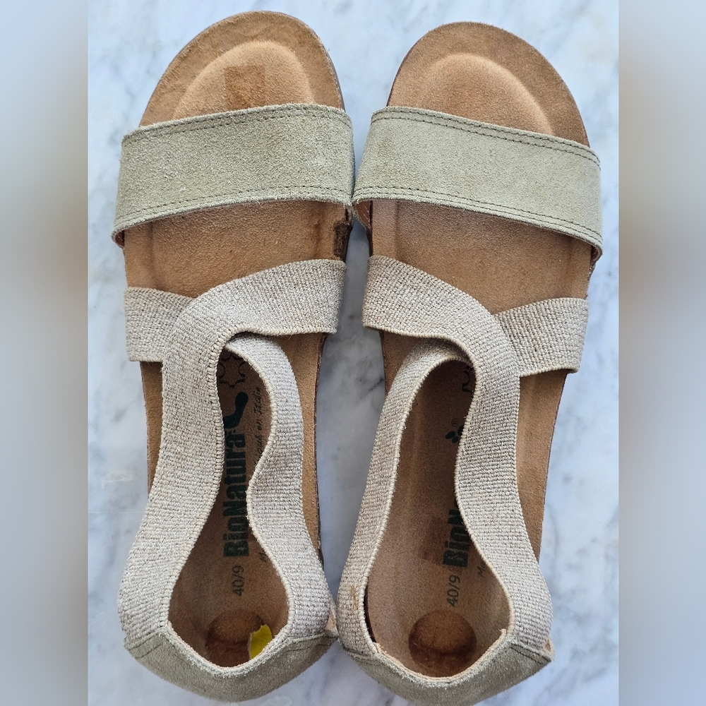 BIONATURA Beige & Green Suede Leather Cork Sandals Size 9 / 40 EUC
